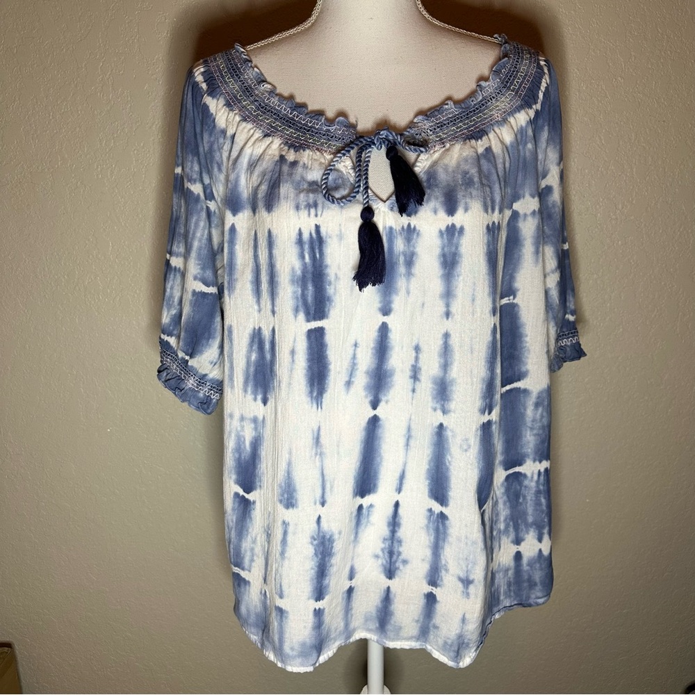 New Directions Blue Tie Front Blouse